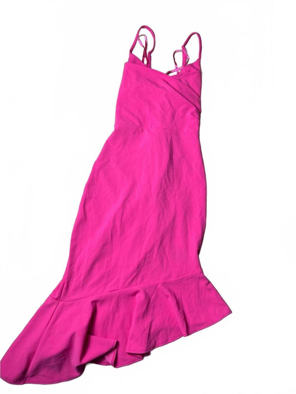 bebe XS Hot Pink Asymmetrical Ruffle Midi Dress Strappy NWT